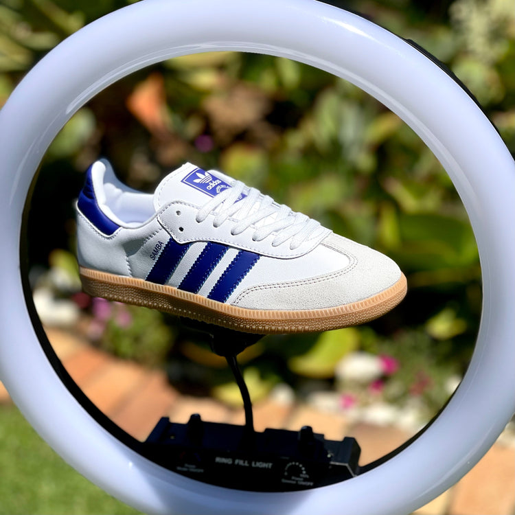 Adidas Samba OG Vegan Cloud White Energy Ink sneaker featured as the collection image for the Samba Collection at The Treasury.