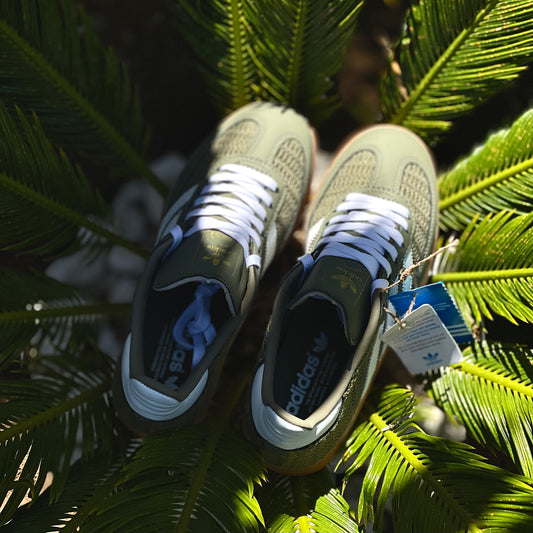 Top-down view of Adidas Samba Knit Pack Olive highlighting laces and tonal stitching
