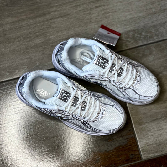 Top view of New Balance 740 V2 white silver reflection sneakers with padded tongue and lace-up closure