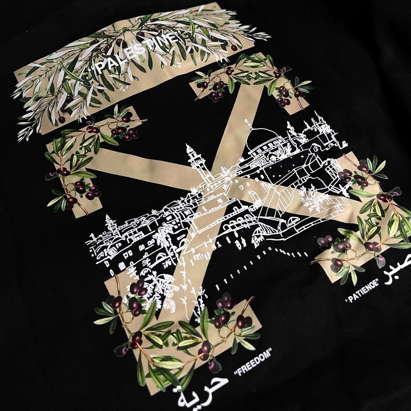 Close-up of Off-White Inspired Palestine Hoodie Black — cotton fabric texture and printed “Palestine” graphic detailing