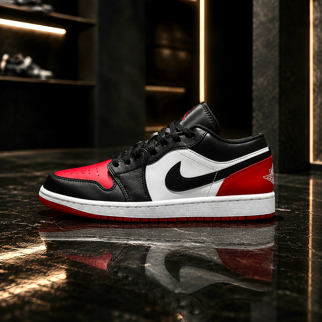 Air Jordan 1 Low Bred Toe side profile with black red and white leather upper