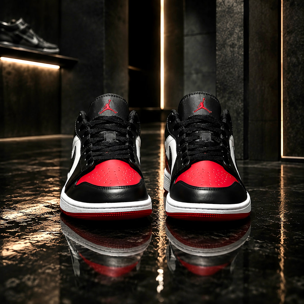 Air Jordan 1 Low Bred Toe front angle showing perforated toe box