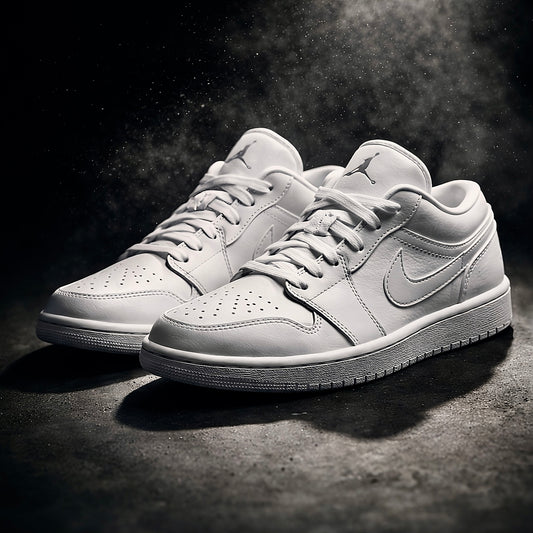 Air Jordan 1 Low Triple white side view on polished dark concrete floor