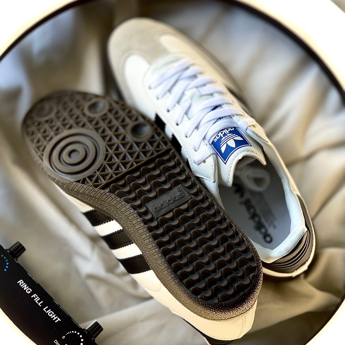 Gum rubber sole of Adidas Samba OG with traction pattern visible