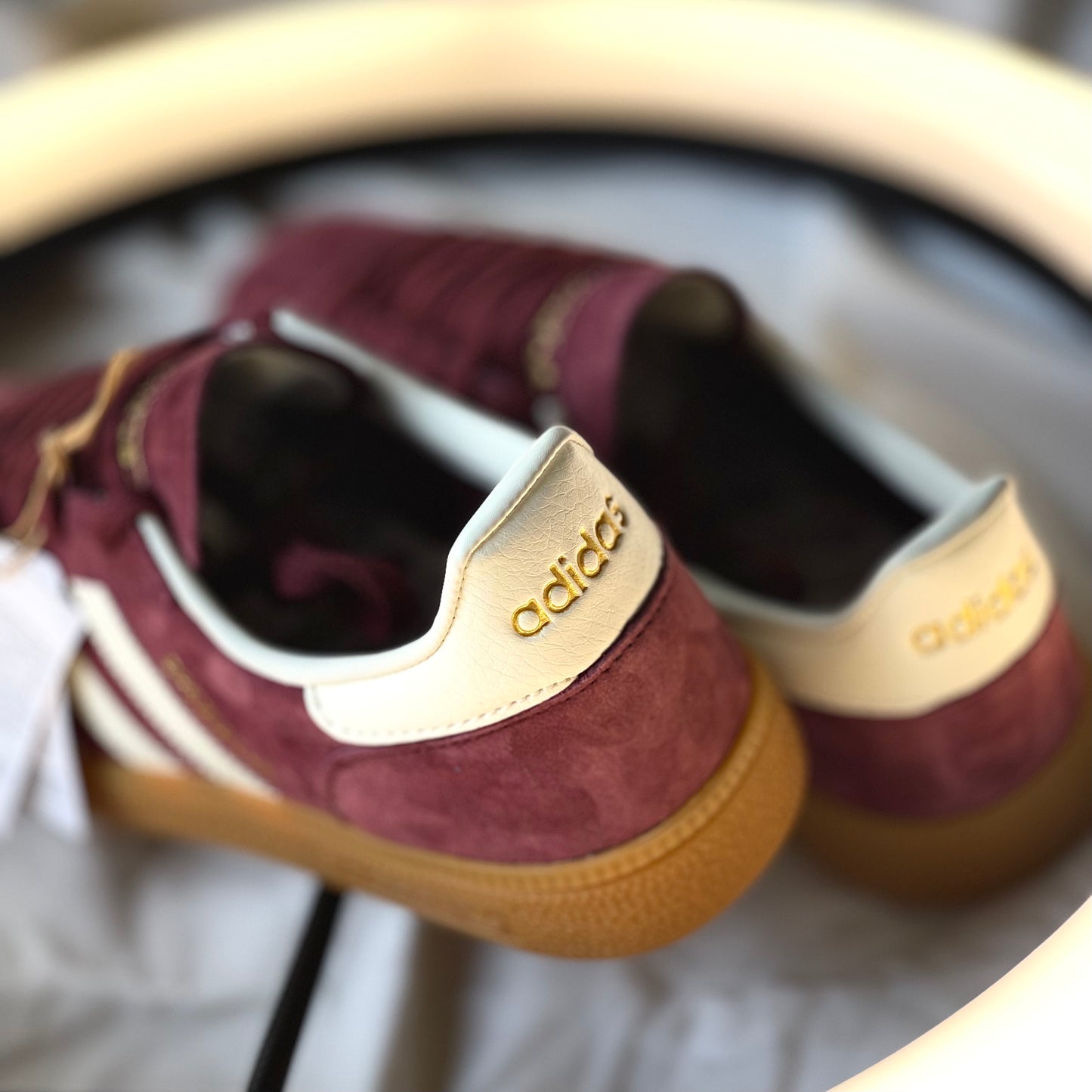 Rear view of Adidas Handball Spezial Maroon Cream highlighting heel tab and silhouette shape