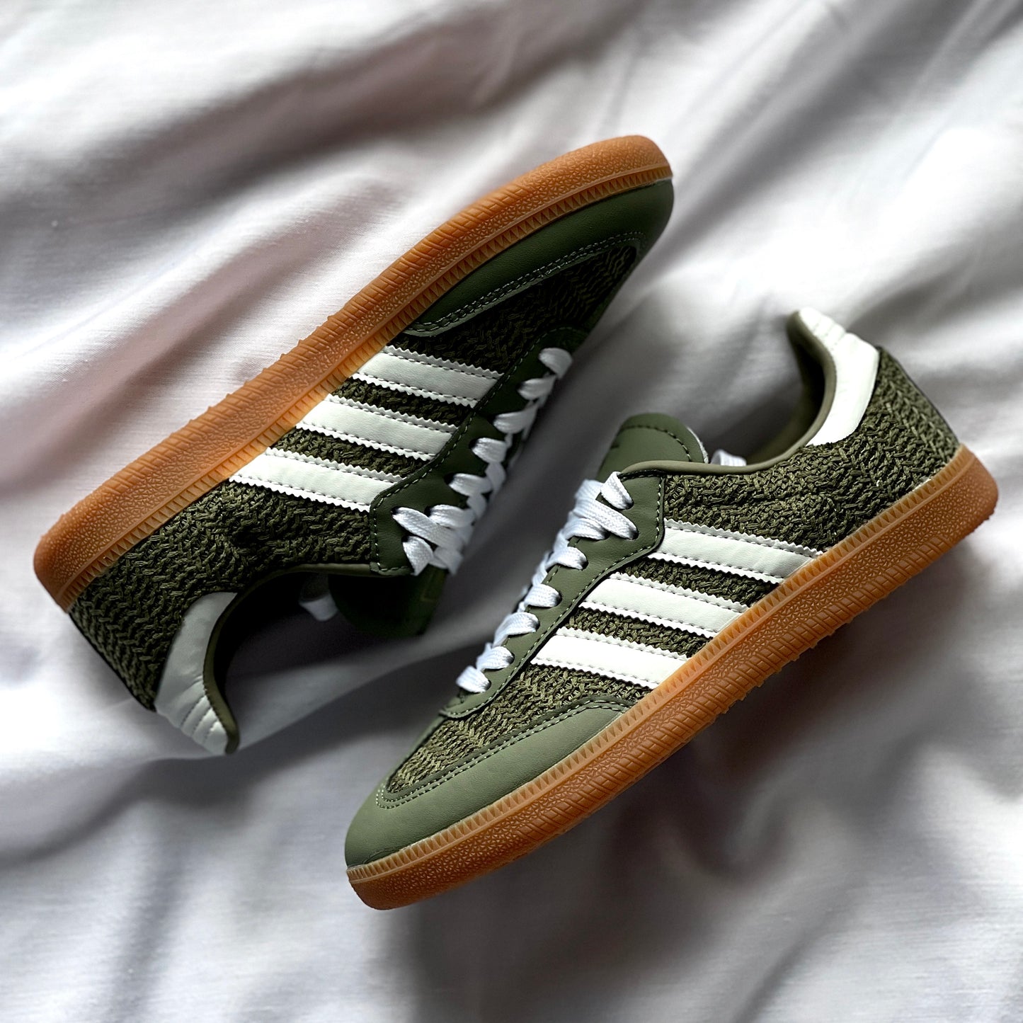 Close-up of knit texture on Adidas Samba Orbit Green