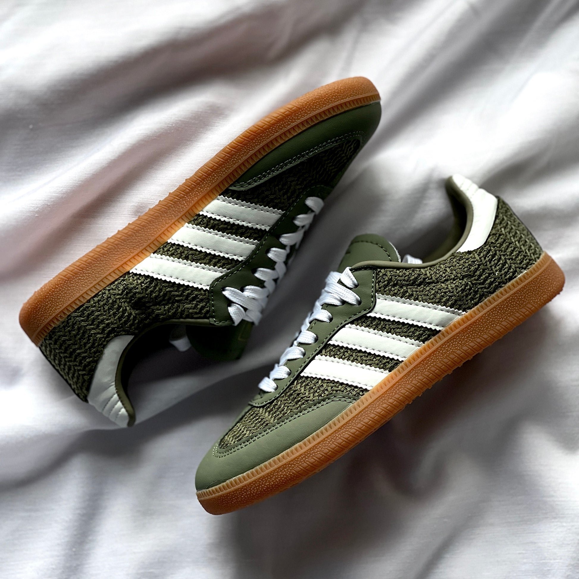 Close-up of knit texture on Adidas Samba Orbit Green