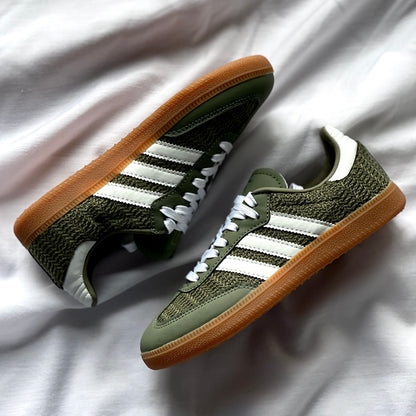 Close-up of knit texture on Adidas Samba Orbit Green