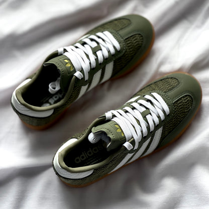 Top view of Adidas Samba Orbit Green knit upper