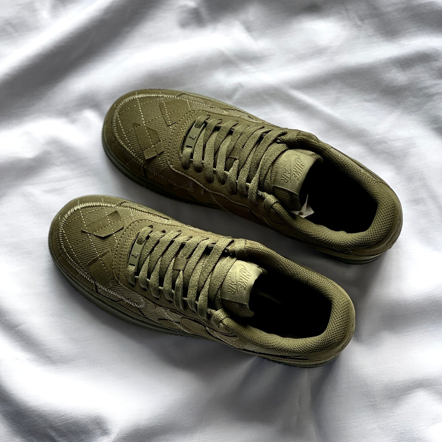 Top view showcasing patchwork upper on AF1 Sequoia