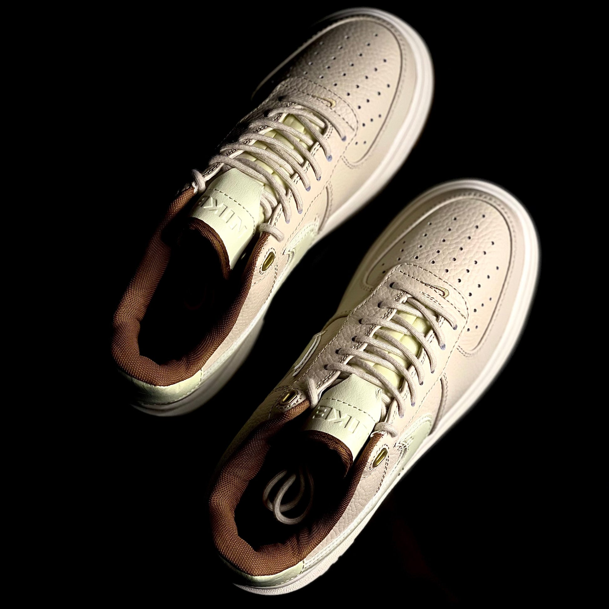 Top view of Air Force 1 Luxe Pecan — premium brown leather upper with tonal laces and classic AF1 silhouette