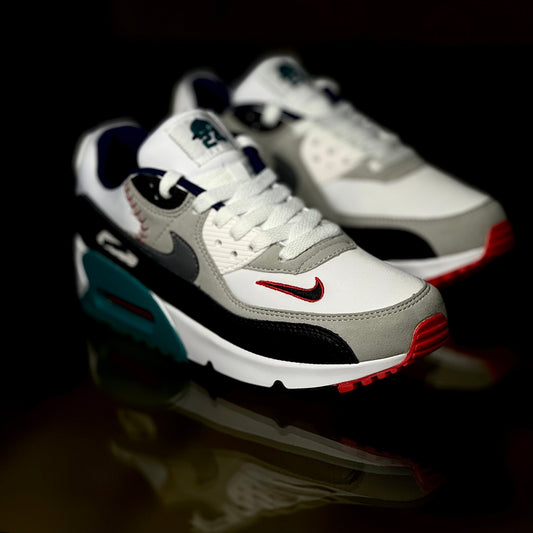 Close-up of Nike Air Max 90 SE Running Club Deep Royal — detailed suede and mesh textures highlighting vintage running design