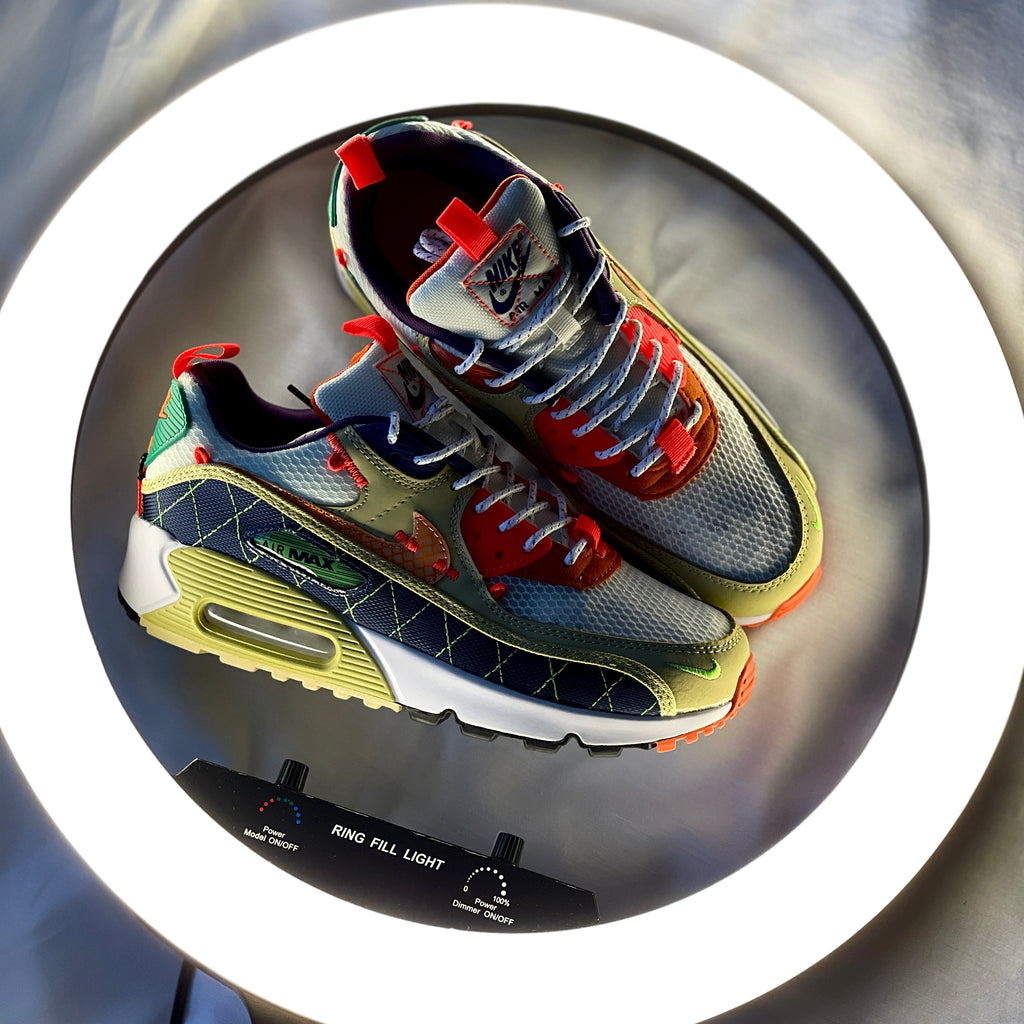 "Side profile of Nike Air Max 90 Mountaineering featuring mixed-material upper and visible Air unit"