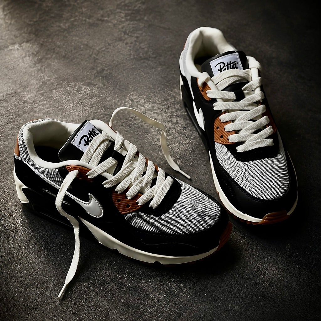 Patta x Nike Air Max 90 SP Black Particle Grey front three-quarter angle