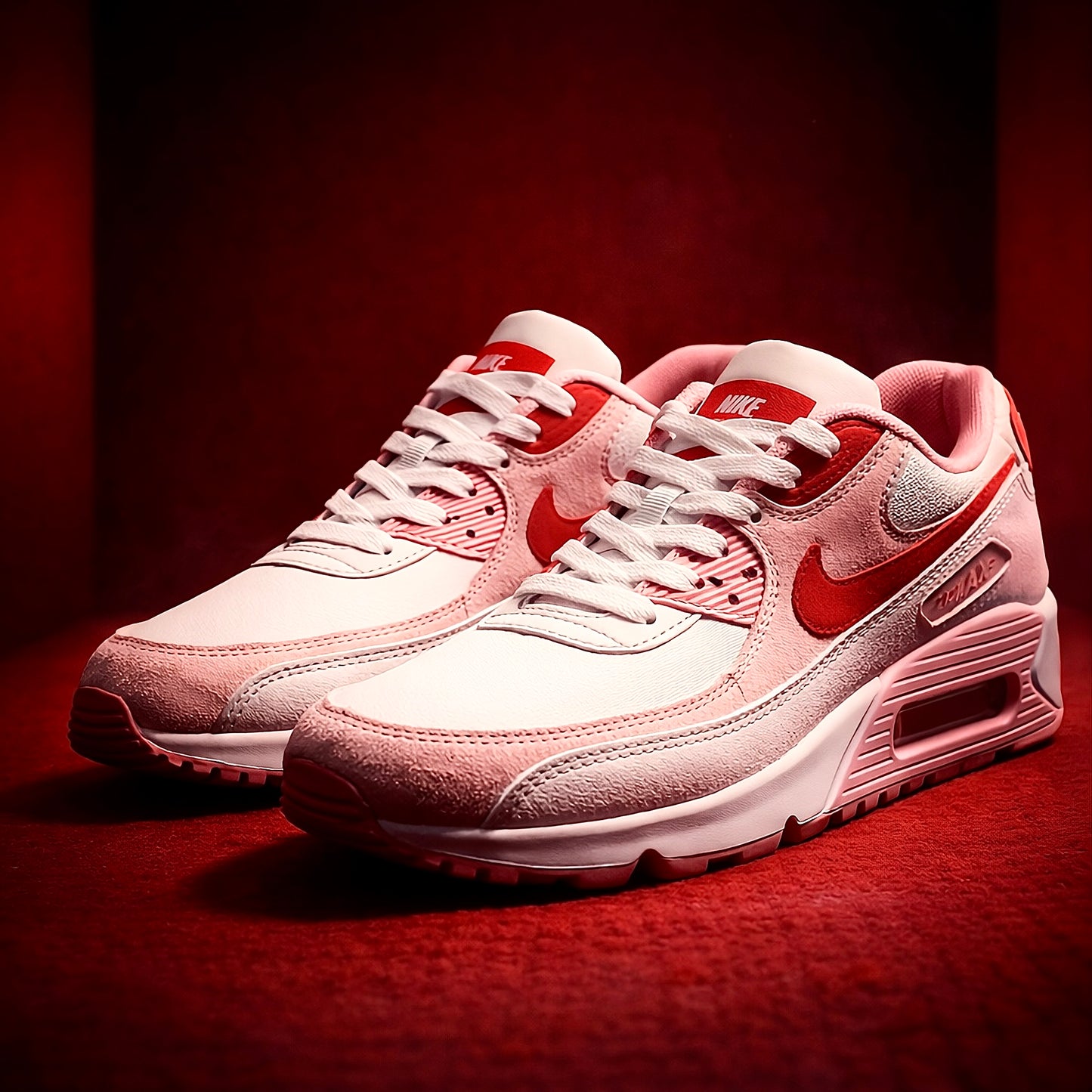 Pair of Nike Air Max 90 Valentines Day sneakers angled together