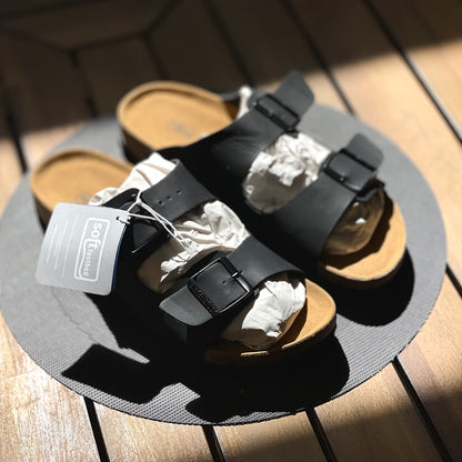 Birkenstock Arizona Sandal Birko-Flor Black side profile on table background