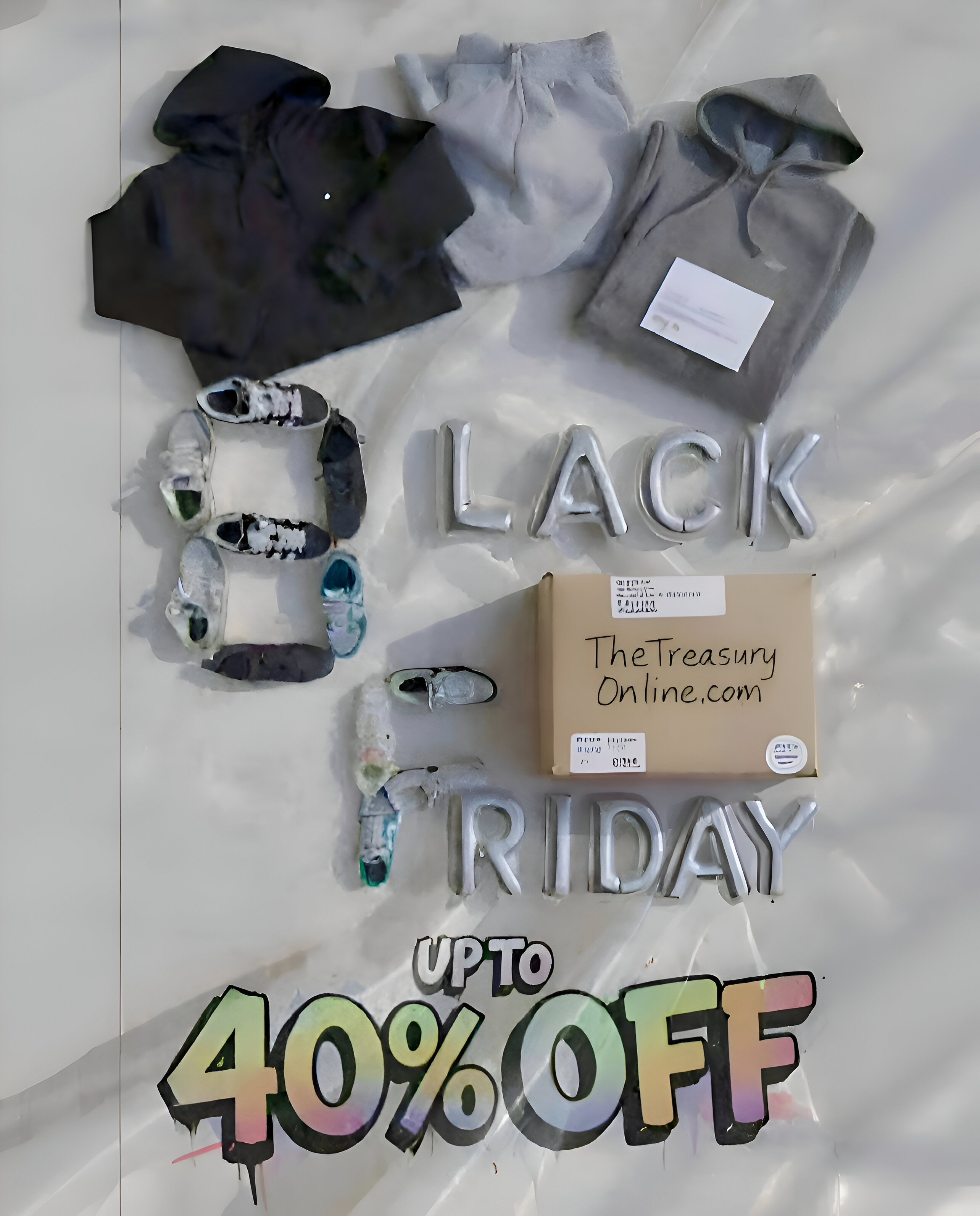 Black and gray hoodies with sneakers on a white background, featuring 'The Treasury Online' branding showcasing Black Friday Sale