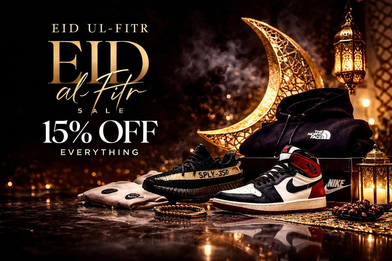 Eid al Fitr sale advertisement with sneakers, hoodie, and decorative elements on a dark background.
