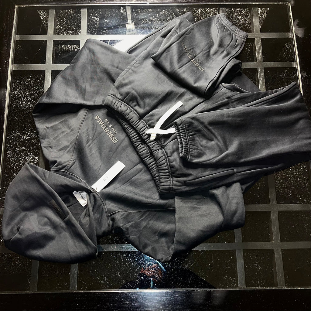 Essentials Fear of God Core Collection Black tracksuit full set front view on clean background
