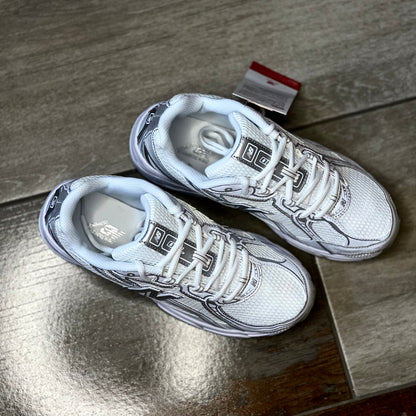 Top view of New Balance 740 V2 white silver reflection sneakers with padded tongue and lace-up closure