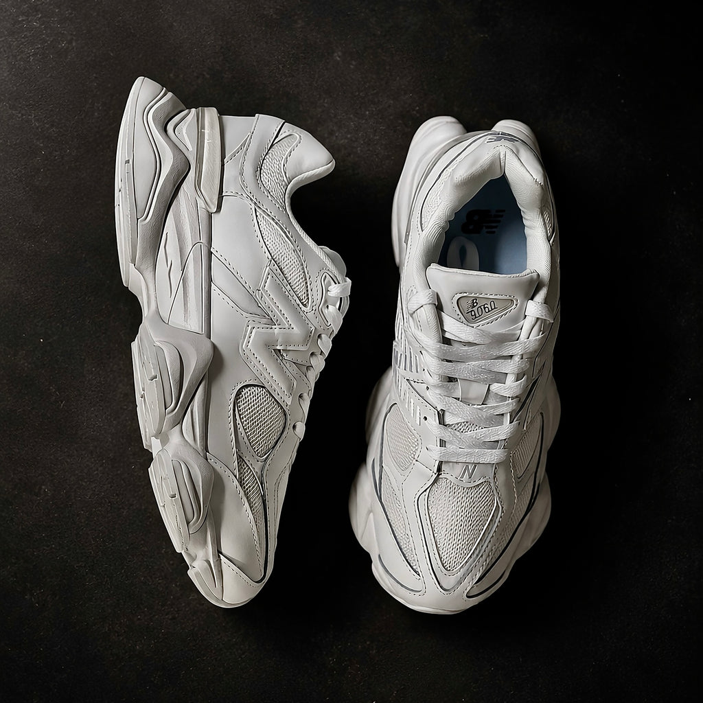 Pair of New Balance 9060 Triple White sneakers angled together