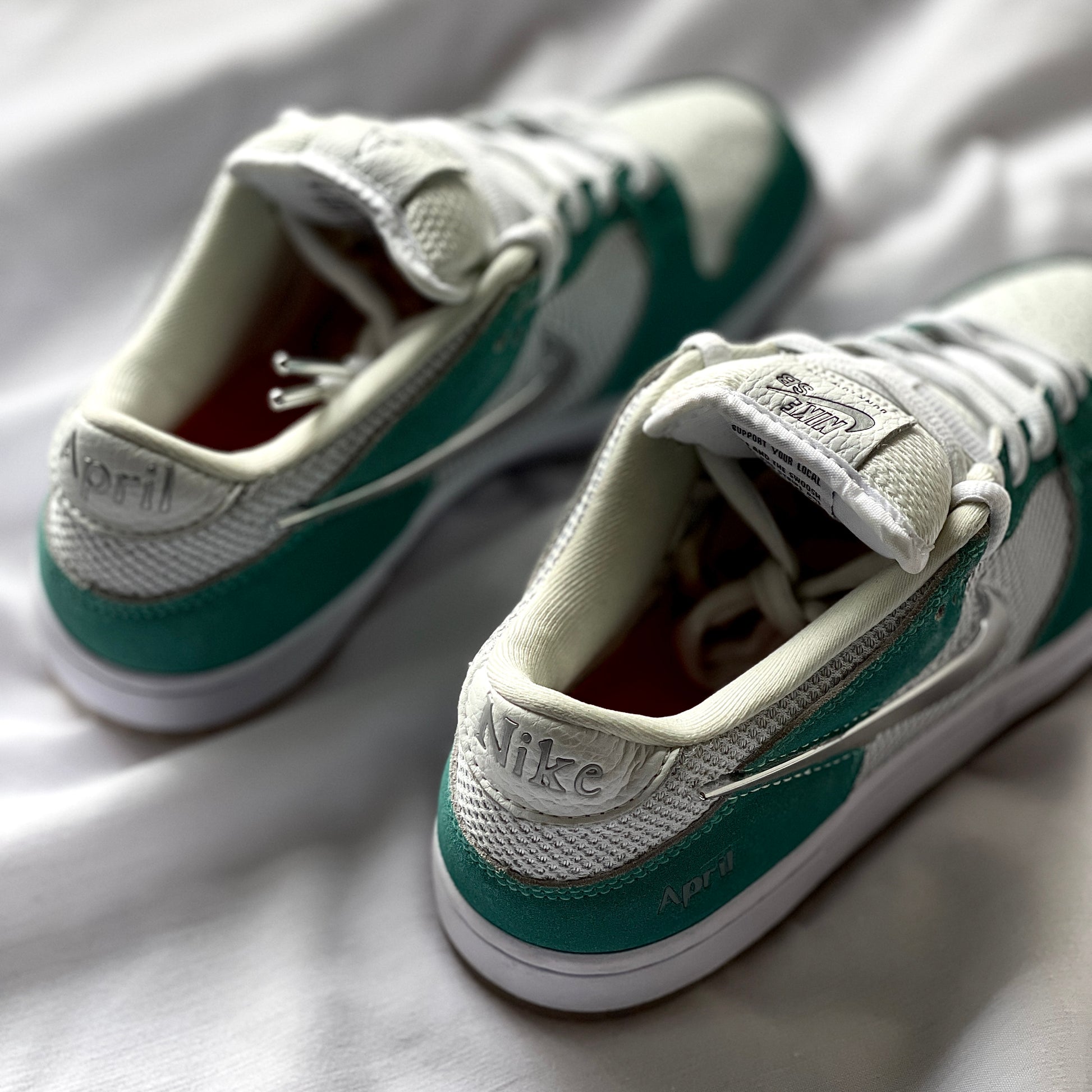 Heel branding detail on April Skateboards Dunk Low SB