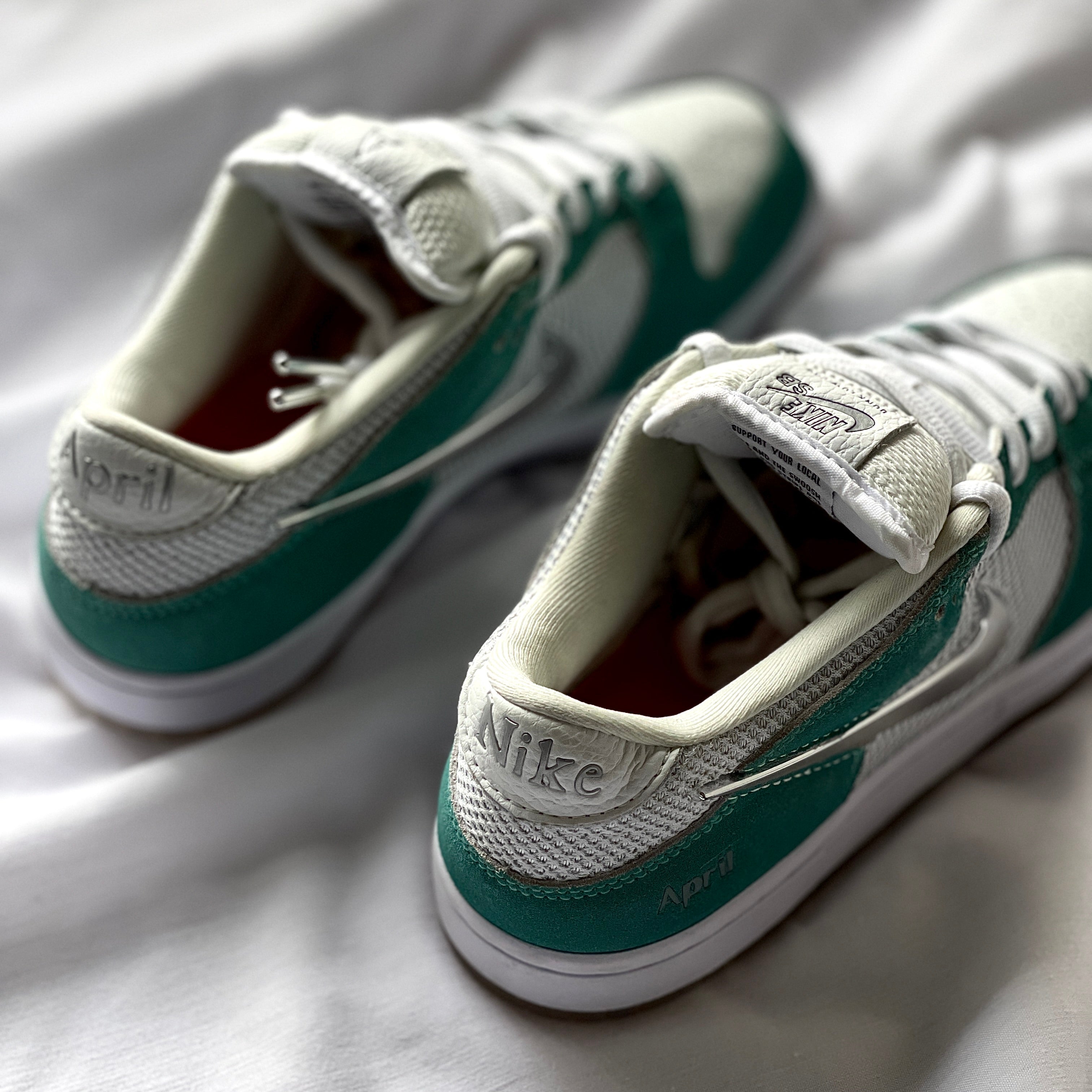 Heel branding detail on April Skateboards Dunk Low SB