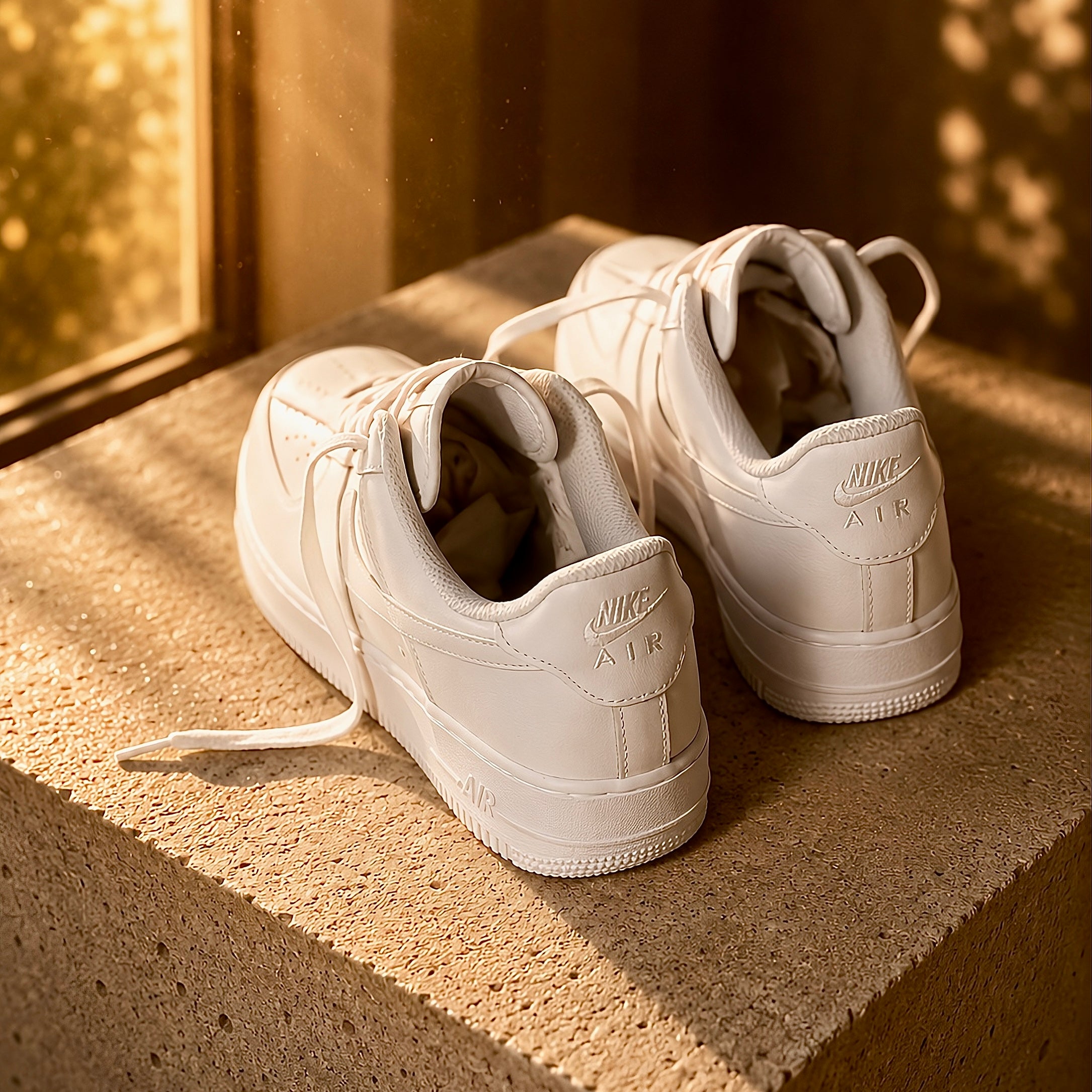 Heel view of Nike Air Force 1 ’07 Low Triple White with Nike Air branding