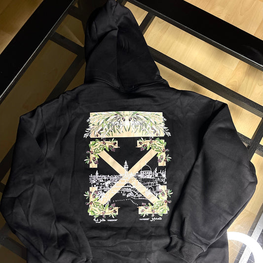 Back view of Off-White Inspired Palestine Hoodie Black — plain black back with relaxed fit and dropped shoulder seams
