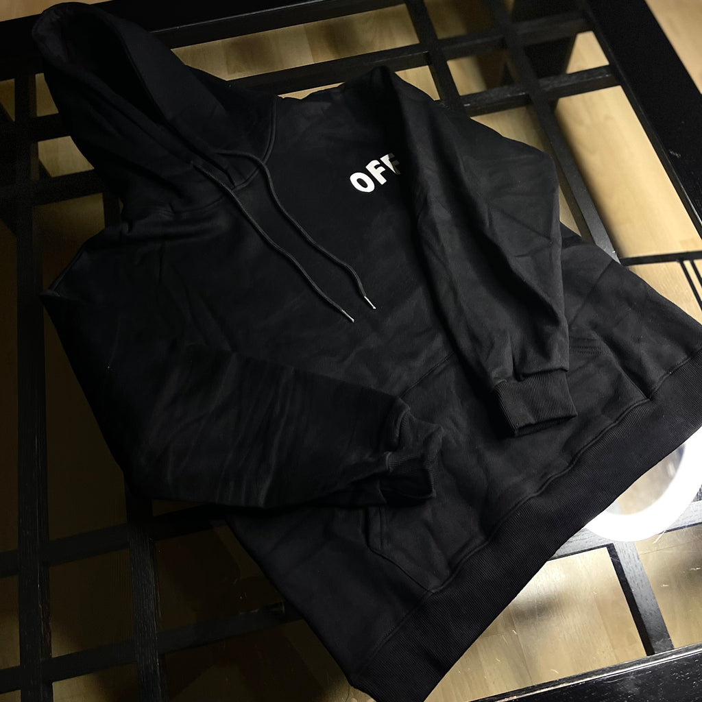 Off-White Inspired Palestine Hoodie Black front view — black oversized hoodie with graphic “Palestine” print and streetwear design