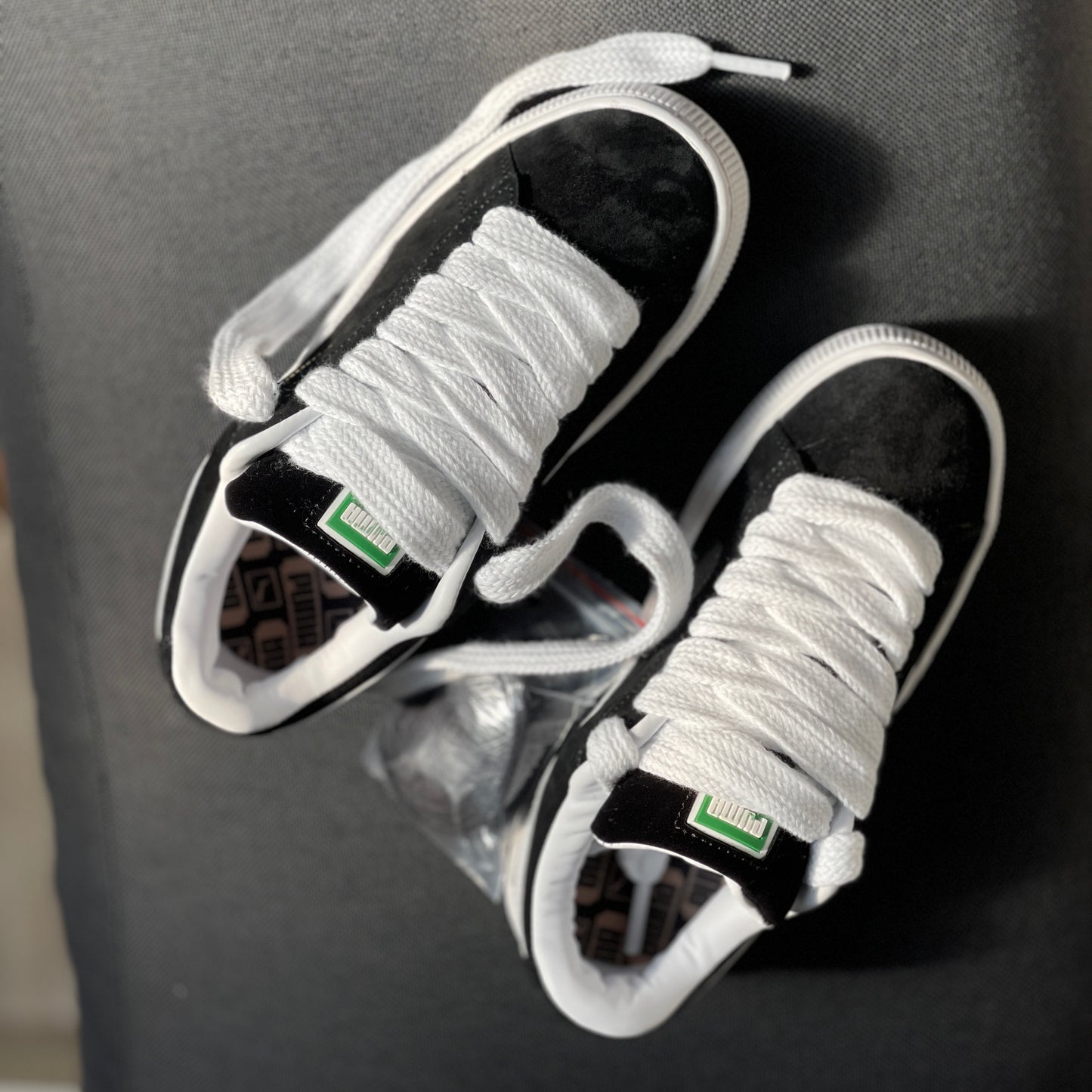 Top view of Puma Suede XL Black White with oversized laces